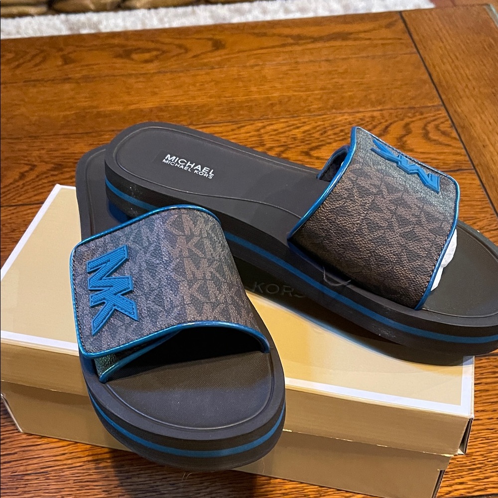 Michael Kors Brown Monogram Platform Slides with Blue Trim